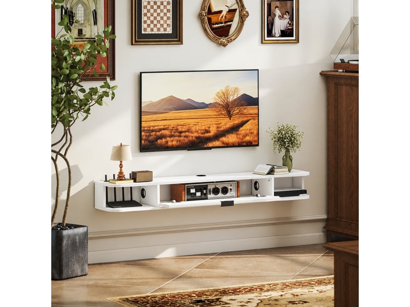  Meuble tv suspendu blanc 140 cm pour tv jusqu’à 60 pouces, abattant, 2 étagères ouvertes, passe-câbles  - Conforama B