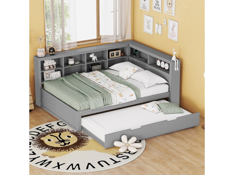  Canapé-lit en bois 140*200 avec lit extractible 90*190, usb et rangements, gris, multifonctionnel  - Conforama D