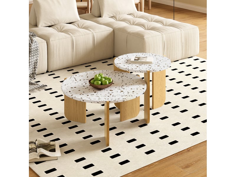  Lot de 2 tables basses gigognes rondes en mdf, blanc et couleur bois  - Conforama B