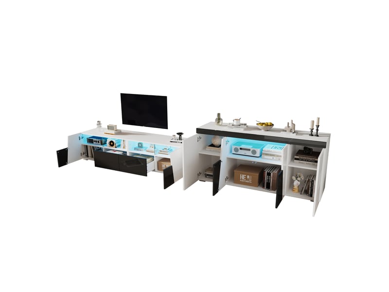 Ensemble meuble tv 180x38,5x45cm noir blanc avec led, finition brillante, rangement salon - Conforama E
