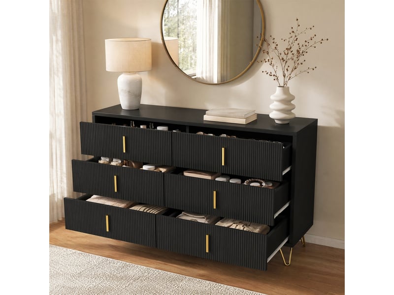  Buffet 6 tiroirs - lpospi - façade ondulée, poignées dorées panneaux de particules noir et or 120 × 40 × 77 cm  - Conforama C