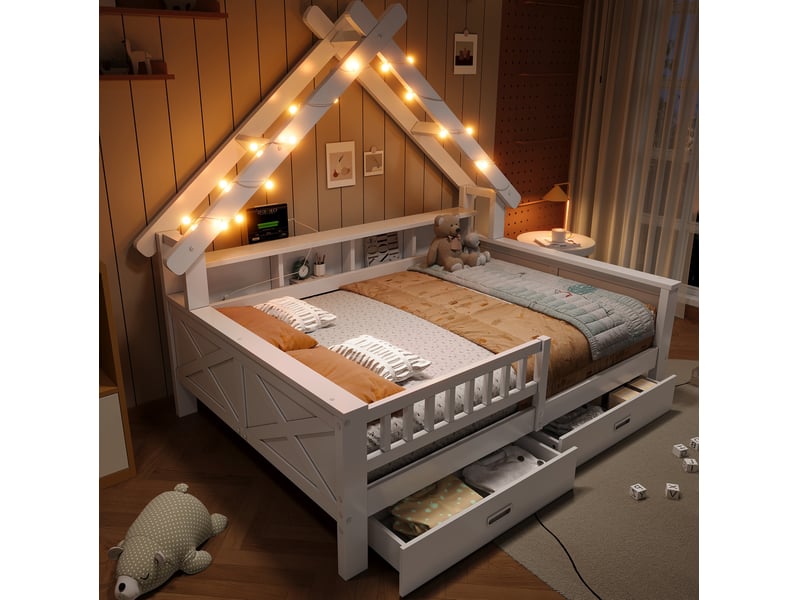  Lit enfant cabane 140 x 200 cm avec éclairage led, rangements, tiroirs et barrière de protection blanc  - Conforama C