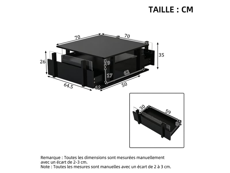  Table basse noire brillante carrée 70x70 avec éclairage led 2 tiroirs et bords acrylique  - Conforama C