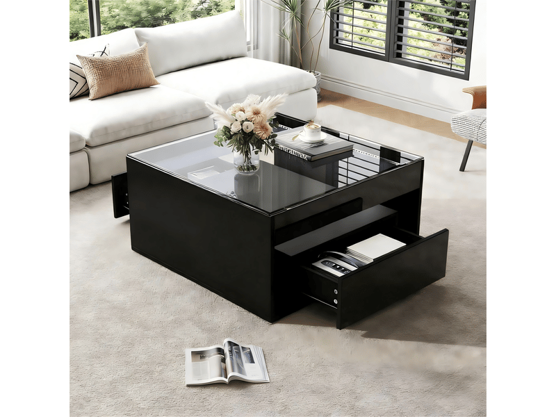  Table basse 70x70x35 cm avec plateau en verre trempé et led intégrée, 2 tiroirs laqués, corps en mdf, noir  - Conforama E