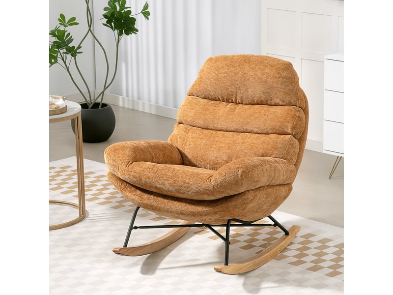  Fauteuil à bascule rembourré avec pieds en acier et patins en bois, jaune  - Conforama C
