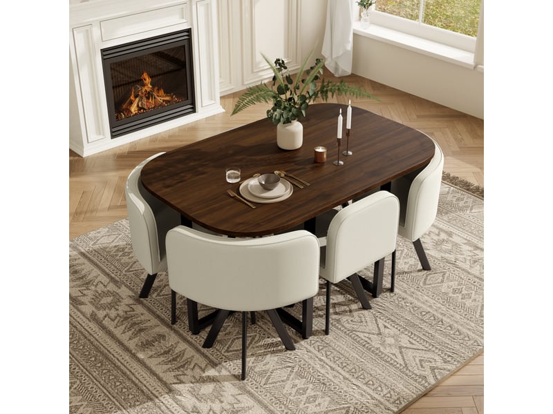 Ensemble table et chaises - salle à manger - 140x90x73 cm - 6 personnes - lin - beige et noyer Bubbly - Conforama D
