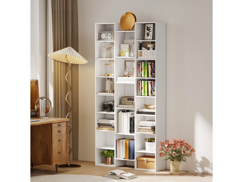  Bibliothèque, étagère à livres, étagère de rangement, 21 compartiments et 10 étagères réglables, 89,5x23,5x181cm, blanc  - Conforama C