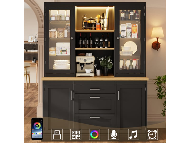  Buffet de cuisine haut avecled rgb, 3 tiroirs et rangements noir, 140x40x185 cm  - Conforama B