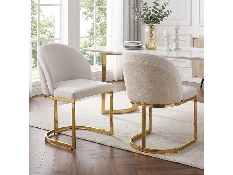  Chaises de salle à manger lot de 2 à double dossier ergonomique  - pieds métal doré, chenille - beige  - Conforama C