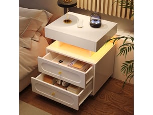 Table de chevet led 100x40x60 cm avec 2 tiroirs et 1 espace ouvert en panneau de particules blanc