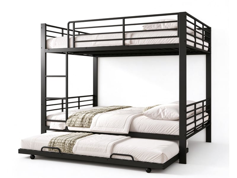  Lit superposé enfant 140 x 200 cm avec lit gigogne intégré, garde-corps supérieur haut et échelle latérale intégrée, métal, noir Morn Vibe - Conforama A