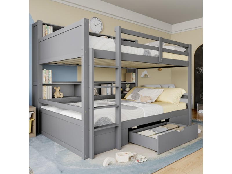 Lit superposé 90x200 cm, lit enfant 2 places avec tiroirs, en bois, gris, sans matelas - Conforama C