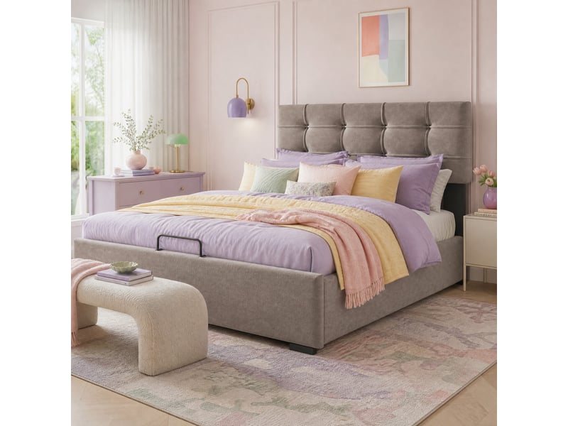 Lit coffre tcqpz 140 x 200 cm gris clair en velours avec tête de lit réglable et sommier métal - Conforama B