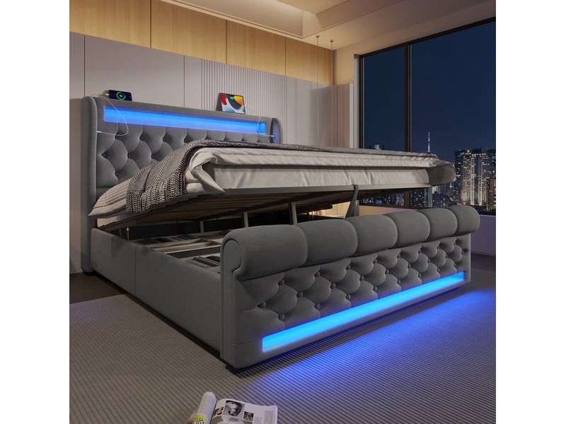  Lit double avec rangement hydraulique led gris en velours 140 x 190 cm  - Conforama C