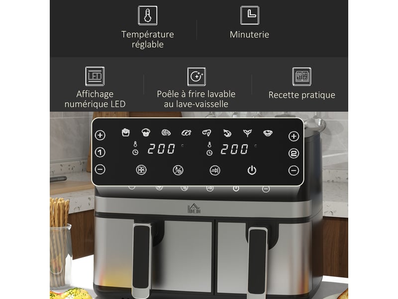  Friteuse à air sans huile, air fryer, double compartiment 8,5 l, 2700 w - 8 programmes, minuterie, température réglable  - Conforama W