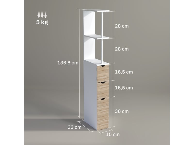 Meuble colonne salle de bain armoire de salle de bain avec tiroirs étagères placard ouvertes 15 x 33 x 136,8 cm blanc - Conforama C