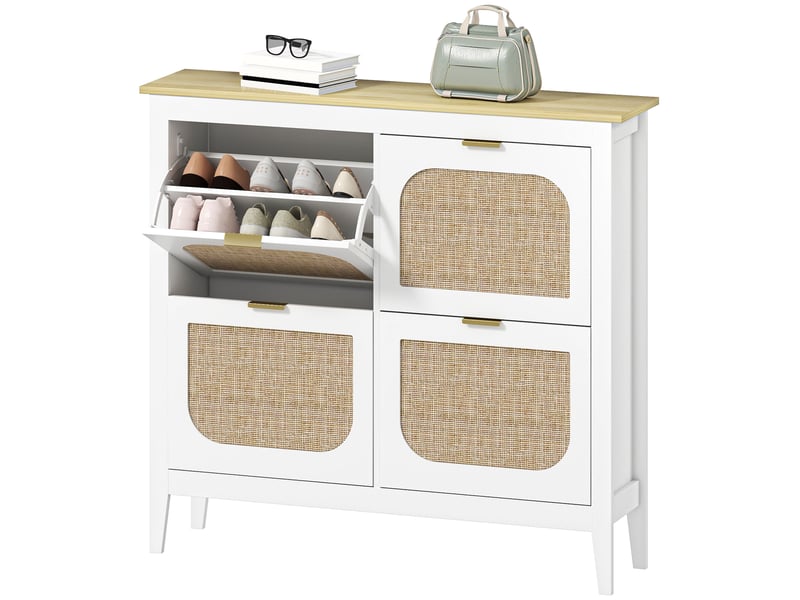  Meuble à chaussures étroit à 4 portes en rotin, étagères réglables pour 20 paires de chaussures, 105 x 24 x 95,5 cm, blanc  - Conforama B