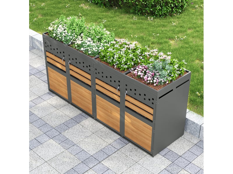  Coffre pour 4 bacs à déchets 264x80x125 cm toit de plantation métal anthracite et aspect bois  - Conforama C
