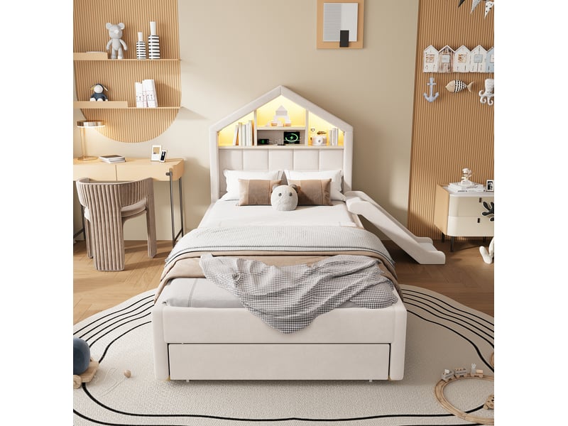  Lit cabane enfant 90x200 cm, beige, équipé de toboggan réversible, de prise de charge et de led, sans matelas  - Conforama E