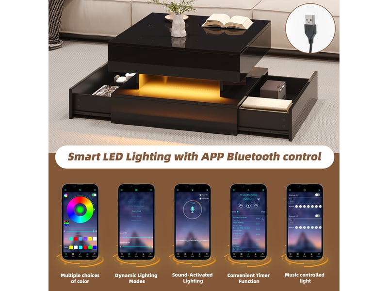  Table basse relevable carrée 65x65 cm noire brillante avec led et rangement caché  - Conforama D