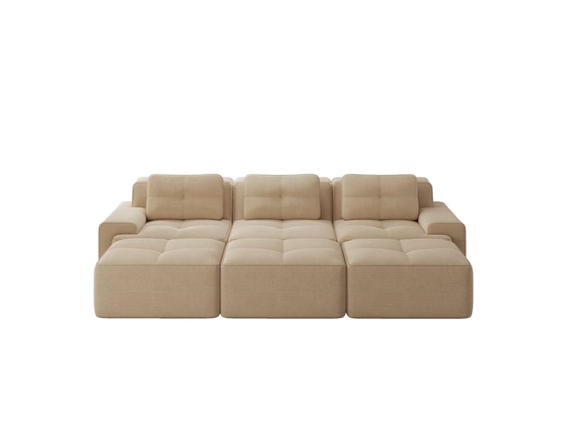 Canapé d'angle convertible 3 places avec 3 poufs, tissu côtelé beige, design sans cadre, idéal salon moderne - Conforama A