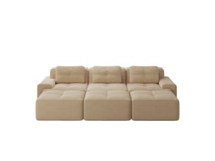 Canapé d'angle convertible 3 places avec 3 poufs, tissu côtelé beige, design sans cadre, idéal salon moderne