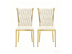 Lot de 2 chaises de salle à manger en velours et métal, blanc crème et doré