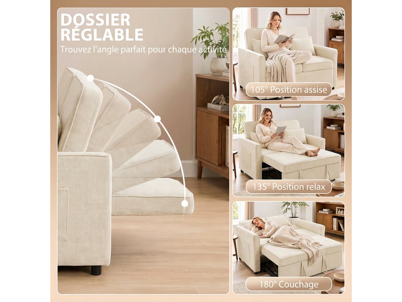 Canapé convertible 2 places 3 en 1, canapé-lit clic clac en chenille 142 cm, dossier réglable, 2 oreillers, beige - Conforama E