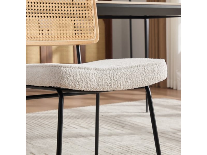  Ensemble 2 chaises modernes sans accoudoirs - dossier bois massif et rotin, assise chenille ivoire, pieds réglables  - Conforama E