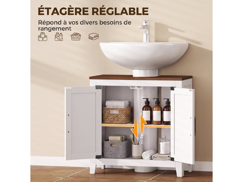  Meuble sous lavabo, meuble de salle de bain moderne avec 2 portes de grange et étagère réglable, blanc  - Conforama R