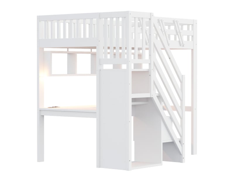Lit mezzanine 90x200 cm avec escalier de rangement et bureau, avec led, en bois, blanc, sans matelas  - Conforama D