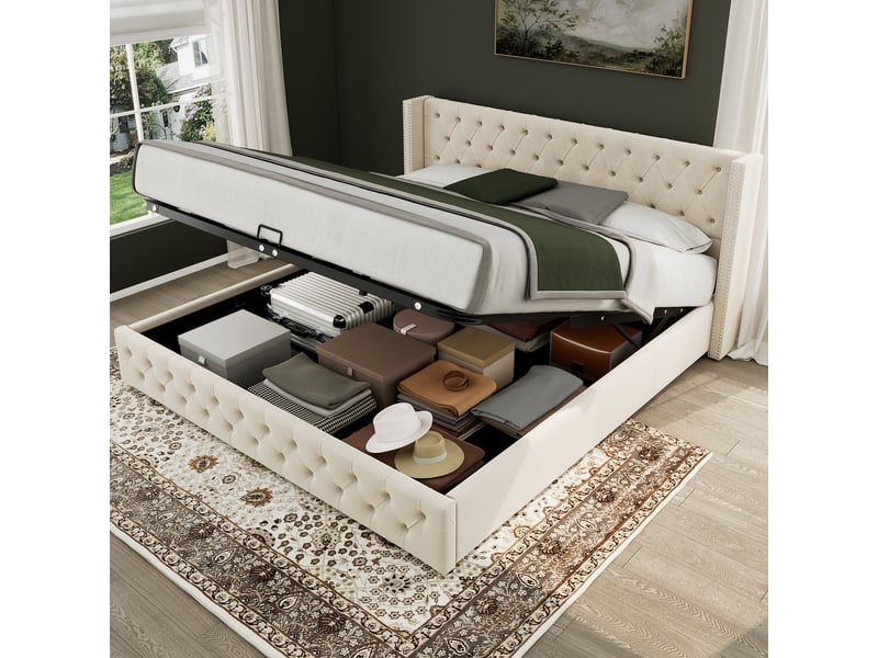  Lit coffre rembourré 160x200 cm avec rangement hydraulique, lit double en velours avec tête de lit à oreilles, capitonnage et doubles clous, beige Seren Glow - Conforama D