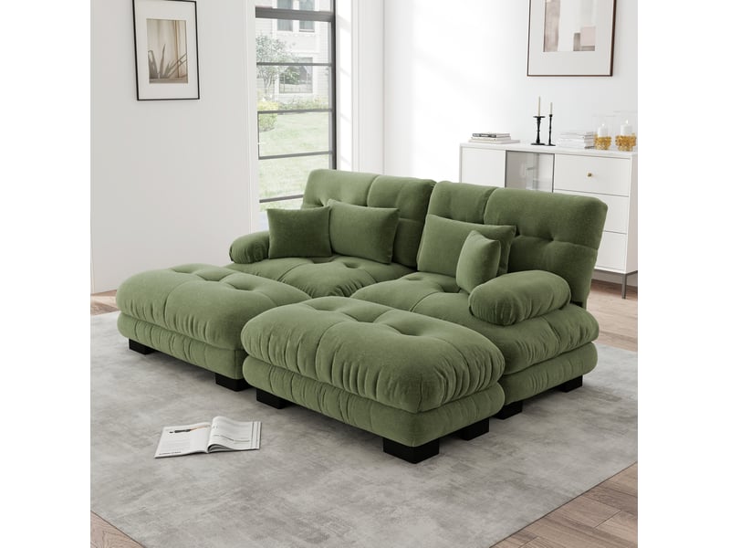  Canapé d’angle modulable 2 places en chenille vert avec 2 poufs  - Conforama B