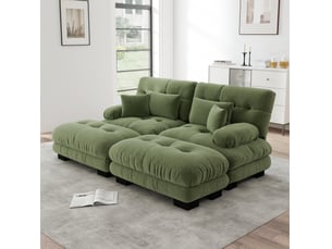Canapé d’angle modulable 2 places en chenille vert avec 2 poufs