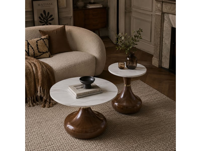  Lot de 2 tables basses gigognes blanc et métal brun et design sablier lisse et solide  - Conforama C