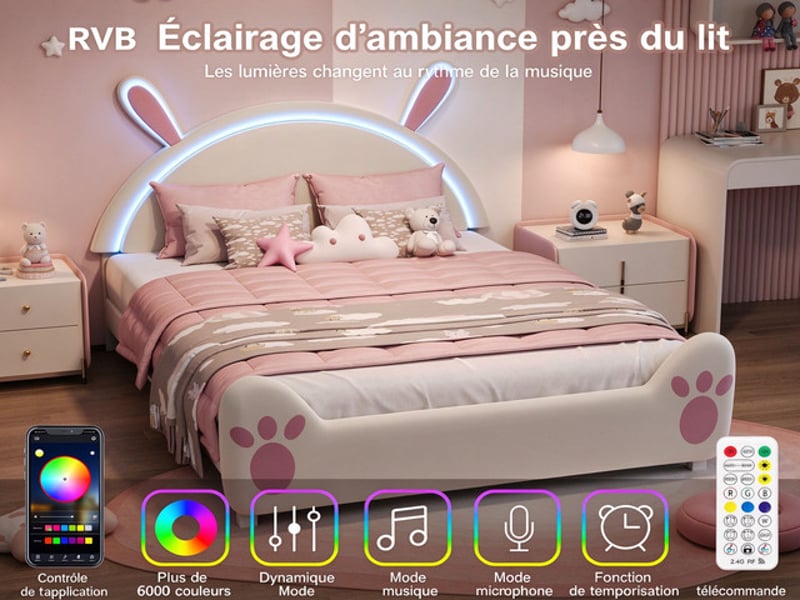  Lit enfant 140x200 cm ezssw, coloris crème et rose  - Conforama D