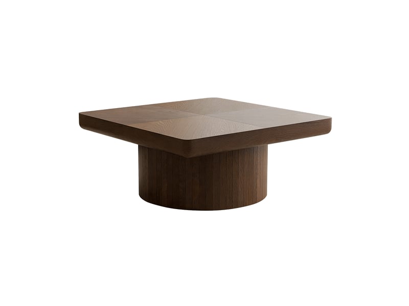  Table basse carrée 78x78x38 cm, plateau placage bois motif parquet base cylindrique bois mdf noyer  - Conforama A