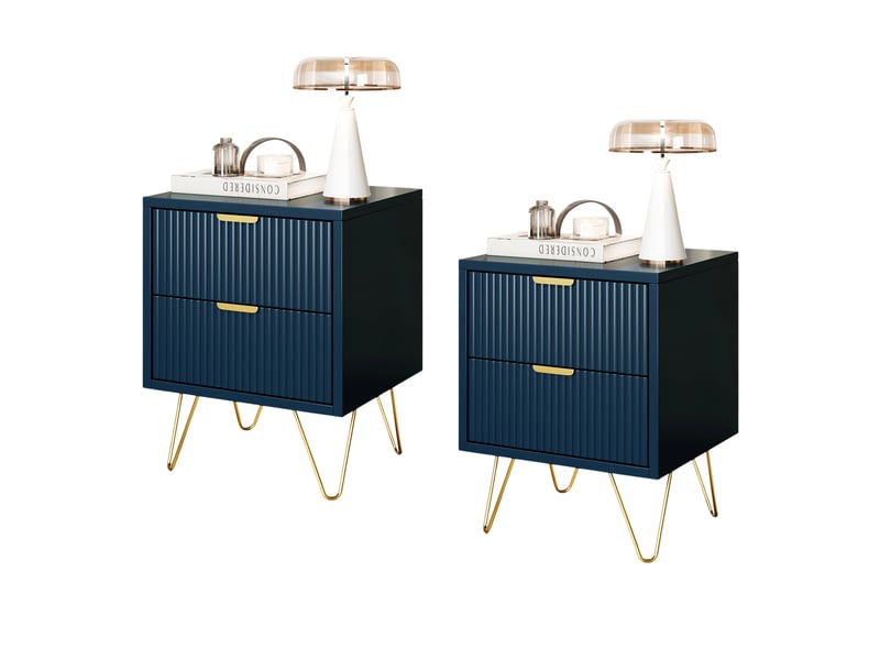  Lot de 2 table de chevet,table de nuit avec 2 tiroirs, manches et pieds en couleur doré,moderne, 40 x 35,5 x 50 cm, bleu  - Conforama A