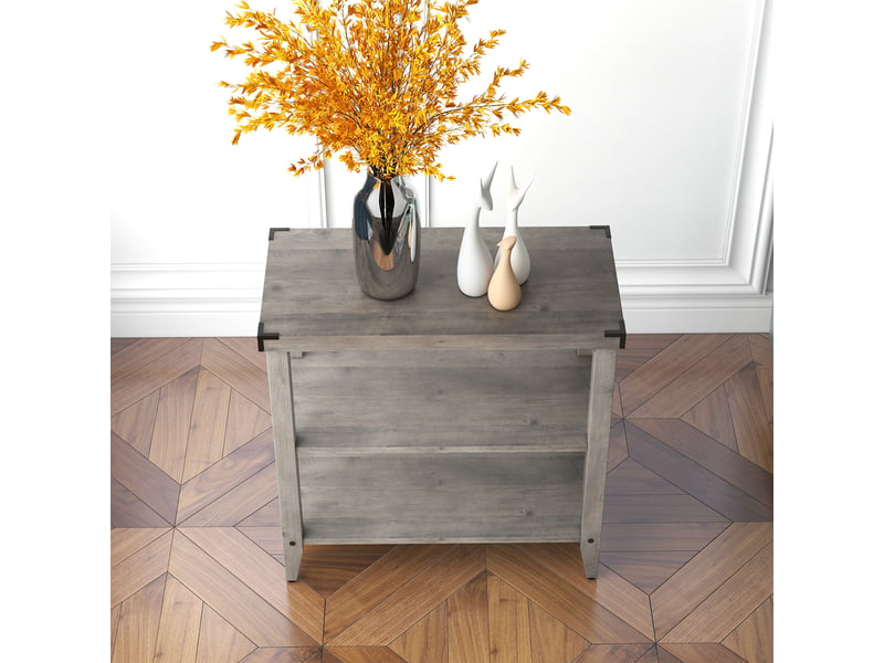  Lot 2 tables d'appoint farmhouse étroites, 3 niveaux, étagères ouvertes rangement, bois protections angle métal, salon chambre PHO_0XDKWDM2 - Conforama E