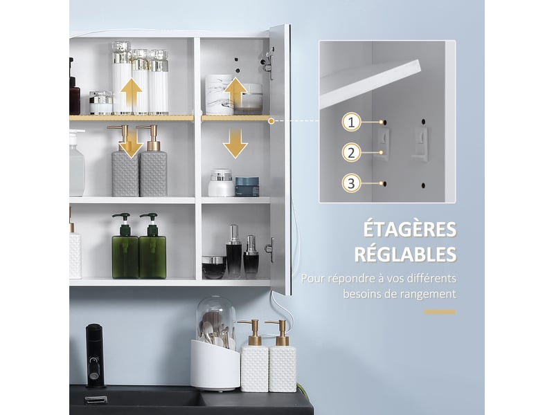  Armoire murale miroir lumineux led salle de bain 2 portes avec 3 niveaux blanc 70 x 15 x 65 cm  - Conforama W