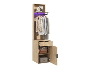 Garde-robe d'entrée 45x47x200 cm avec éclairage led et tiroir à bijoux, mdf, bois clair, rangement entrée et dressing
