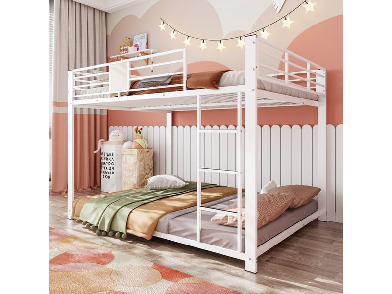 Lit superposé 140x200 cm en métal, coloris white + deep walnut, échelle montable gauchedroite et pads anti-dérapants - Conforama B