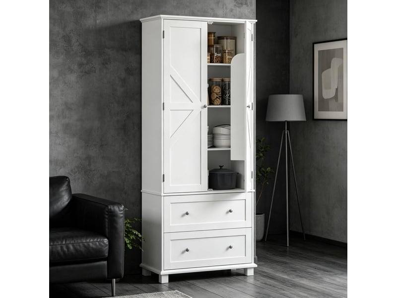  Buffet de cuisine 80x39,5x184,5 cm blanc mdf, 2 portes, 2 tiroirs, rangement avec étagères réglables  - Conforama E