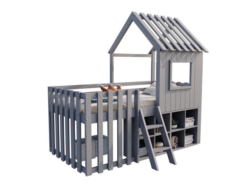  Modenvie lit cabane enfant 90x200 cm - avec rangement modulable, toit et fenetres, sans matelas - gris  - Conforama A