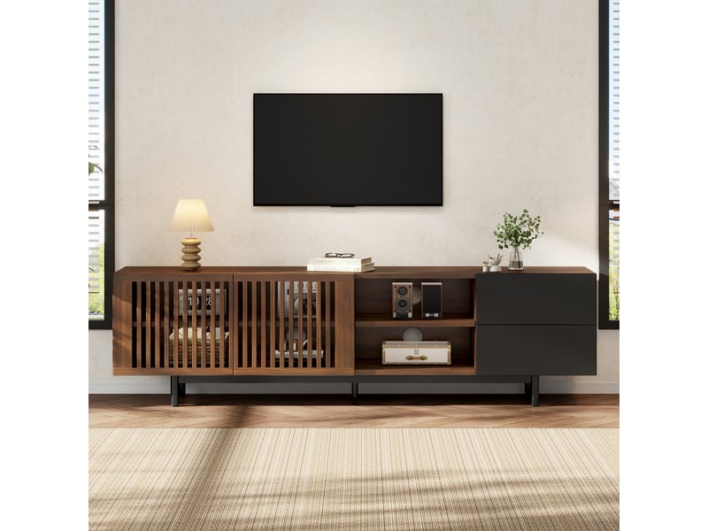  Meuble tv 160 cm pour écran jusqu’à 60 pouces, 2 portes à lattes, 2 tiroirs, niches ouvertes, passe-câbles, mdf effet noyer et noir, pour salon  - Conforama B