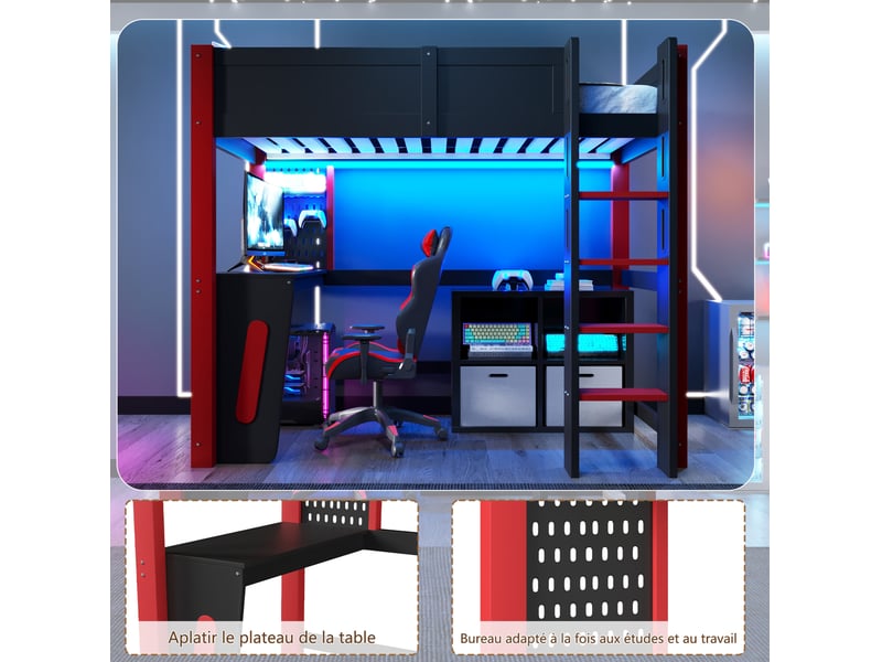  Lit mezzanine 90x200 cm avec bureau, panneau perforé, ruban led, échelle, bois de pin et mdf noir sans matelas  - Conforama D