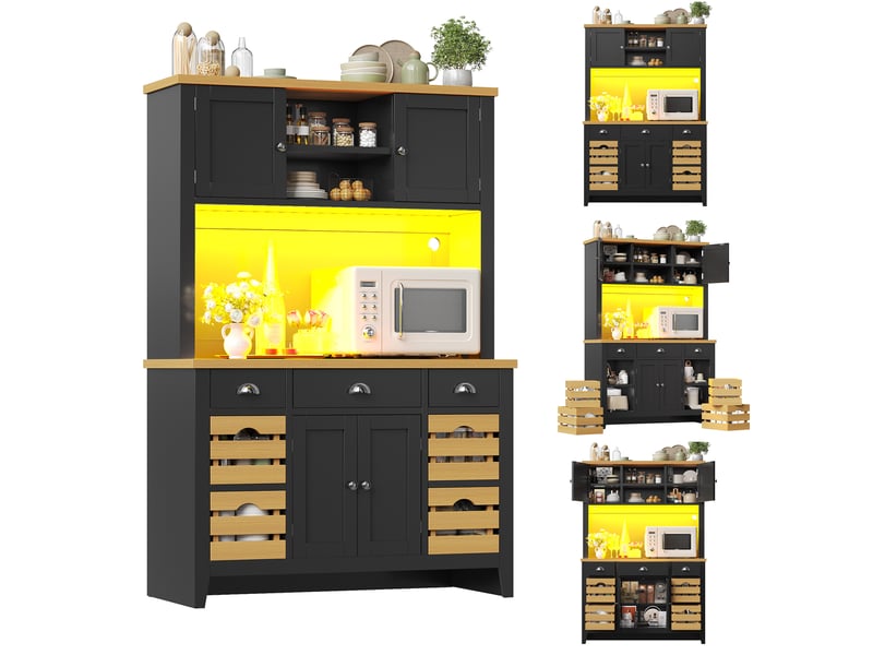  Armoire colonne led rgb 120x40x188 cm avec portes soft close, étagères réglables, paniers amovibles, plateau effet bois, anti-basculement, noir  - Conforama A