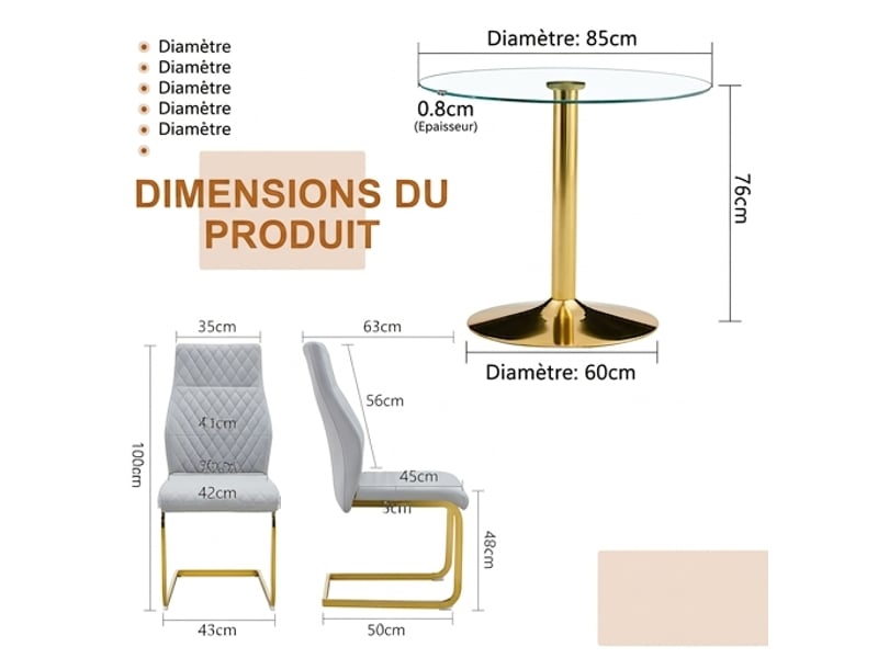  Ensemble table ronde ø85 cm et 4 chaises modernes, verre et assises gris clair, pieds dorés  - Conforama C