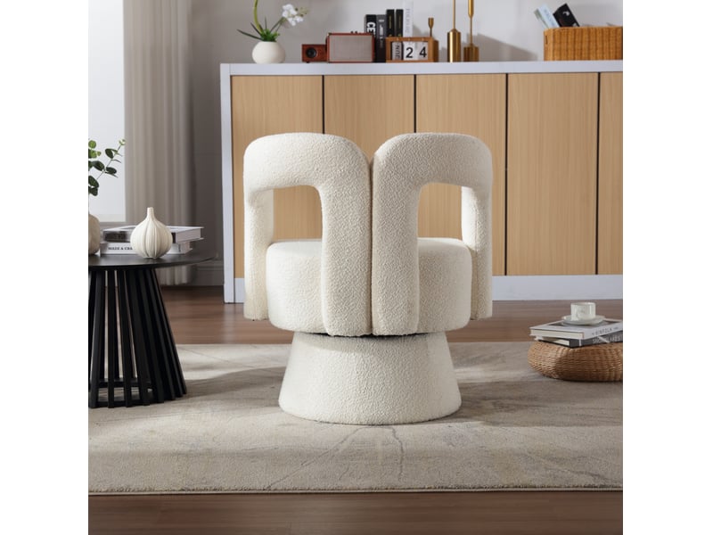  Fauteuil tournant à 360° 67x55x74 cm, accoudoirs arrondis épais, coussin confortable, tissu en boucle, couleur beige  - Conforama D