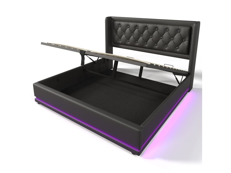  Lit double 160 x 200 cm noir en pu avec rangement hydraulique, led et matelas  - Conforama A
